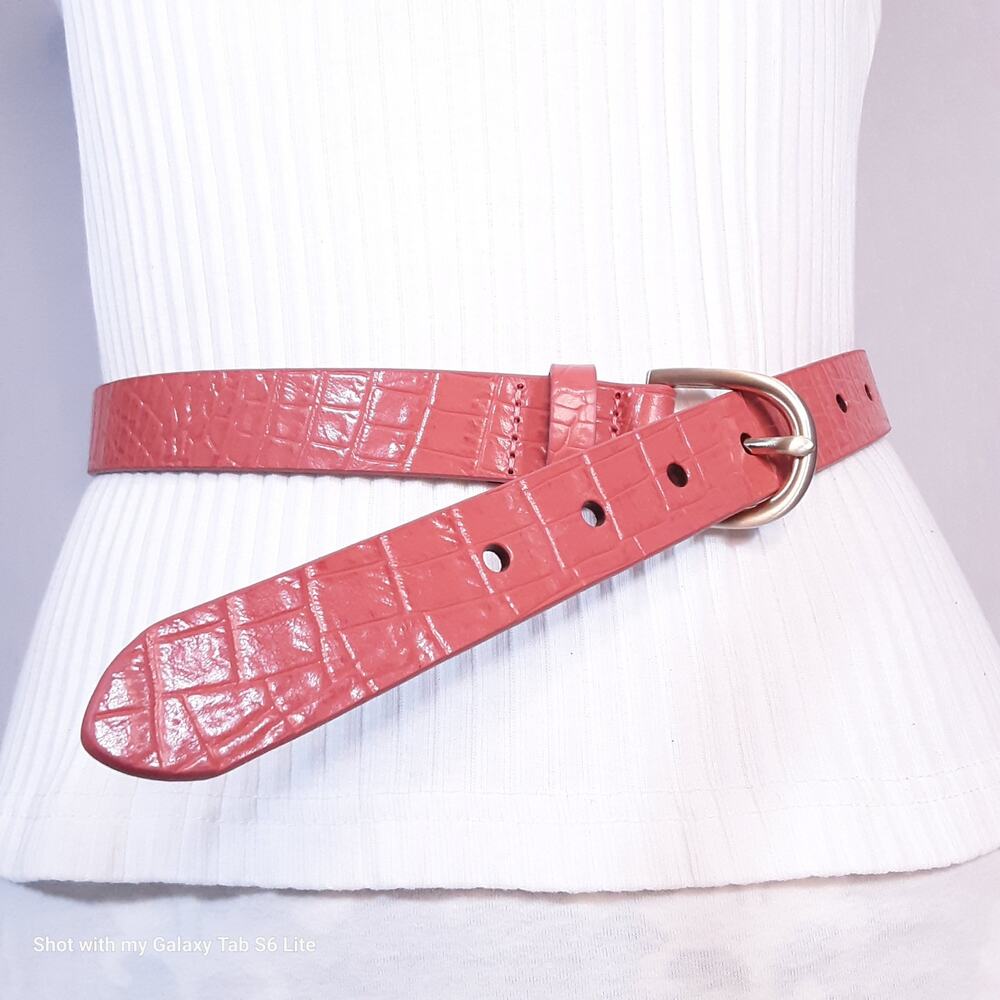 💎Lands End Womens Leather Belt XSmall Coral Colored Reptile Print
